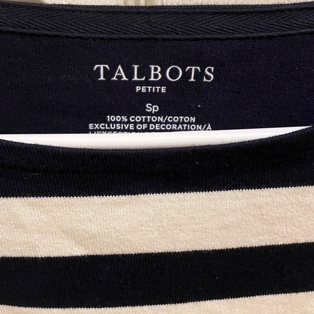 Talbots Petite Stripe Cotton Crewneck Sweater Navy Green White Size SP Quality - Picture 3 of 3